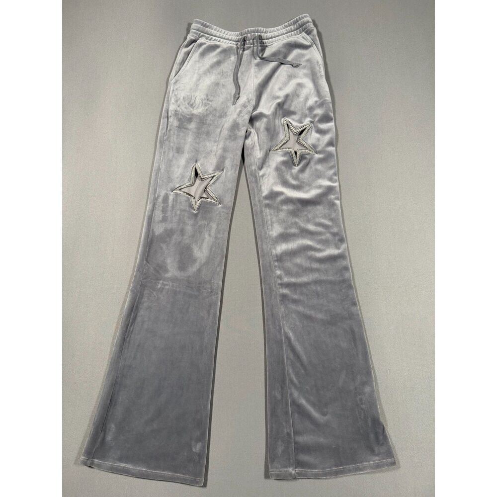Paris Hilton Gray Velour Star Cutout Flare Track Pants Size S Y2K Lounge Velvet